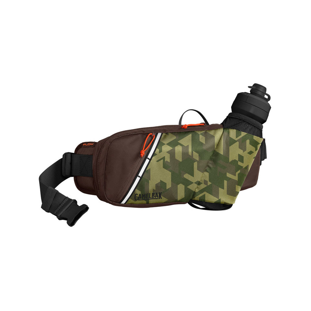 Camouflage-patterned waist bag with a water bottle holder on a white background