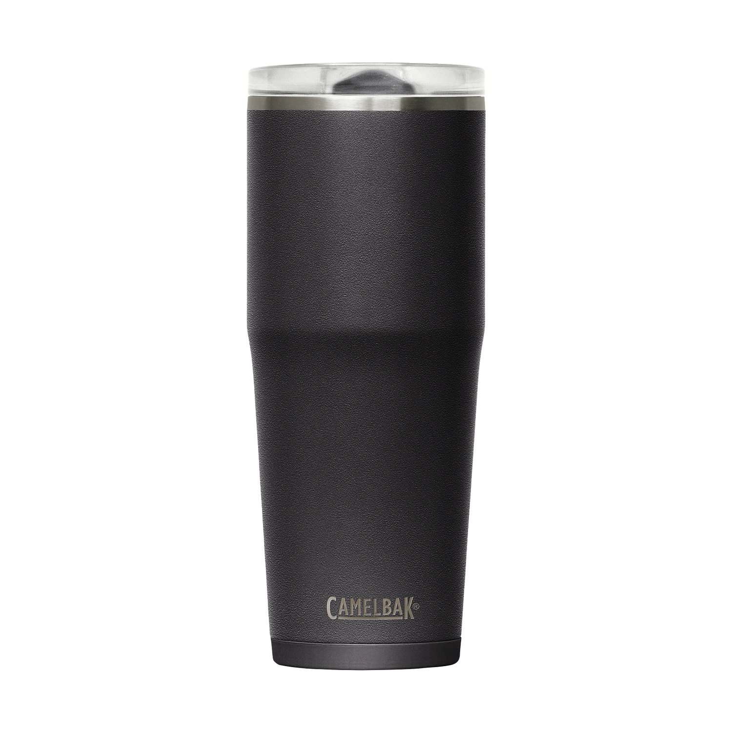 Black insulated tumbler with silver lid on a white background