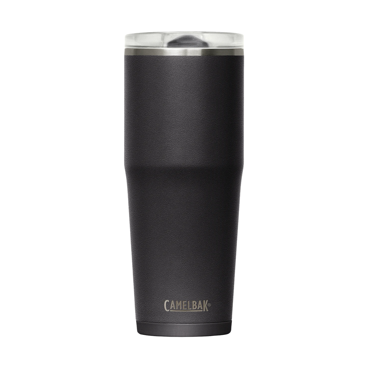 Black insulated tumbler with silver lid on a white background