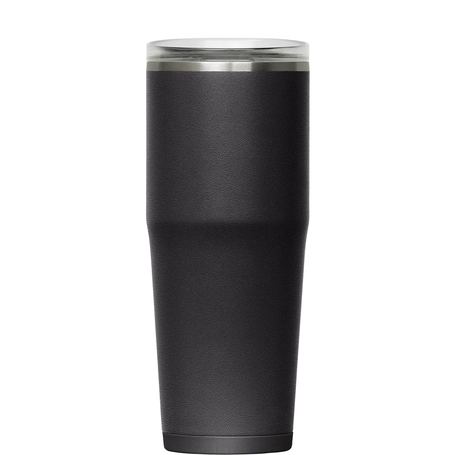 Black insulated tumbler with a clear lid on a white background