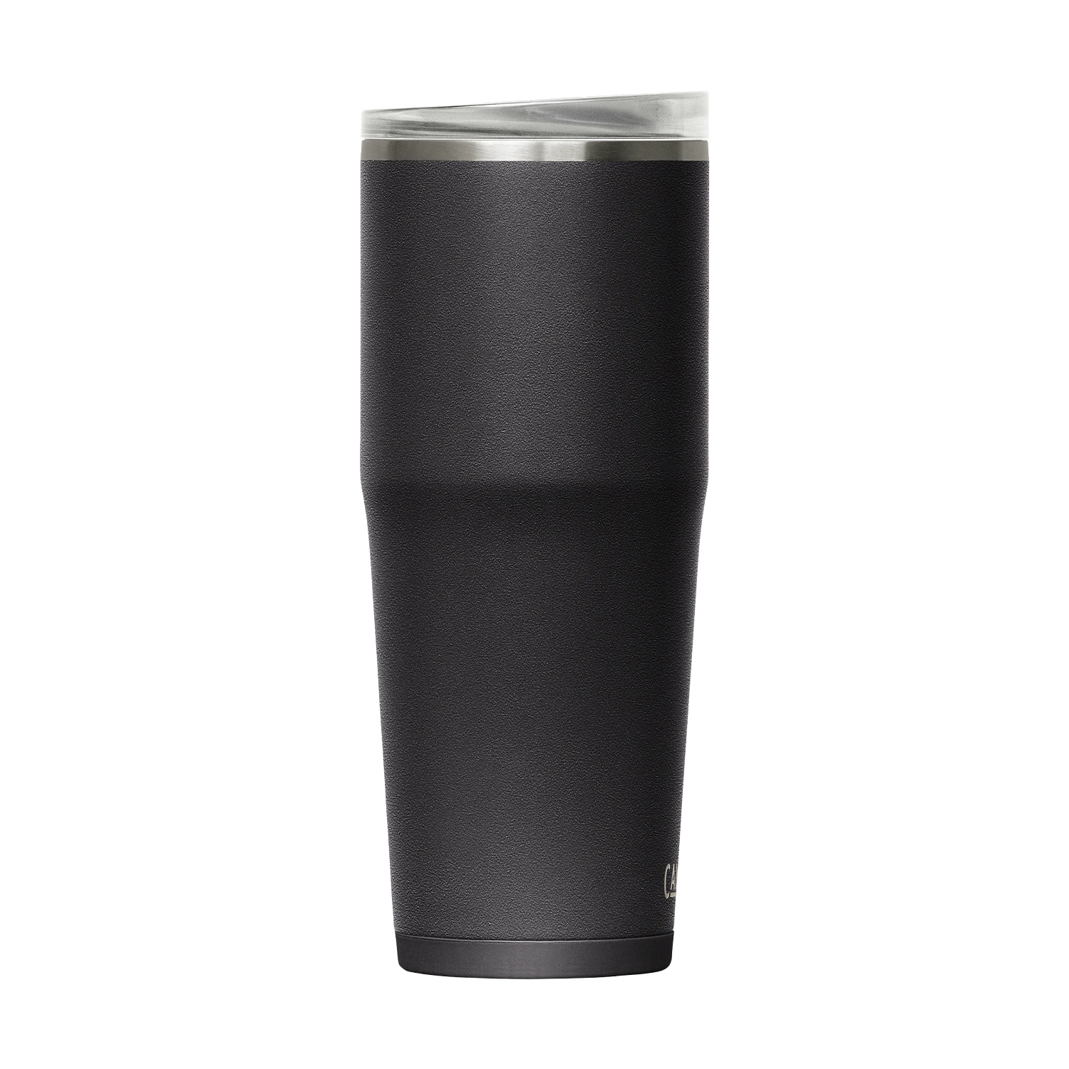 Black insulated tumbler with silver lid on a white background