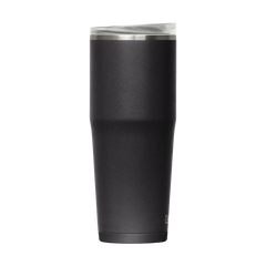 Black insulated tumbler with silver lid on a white background