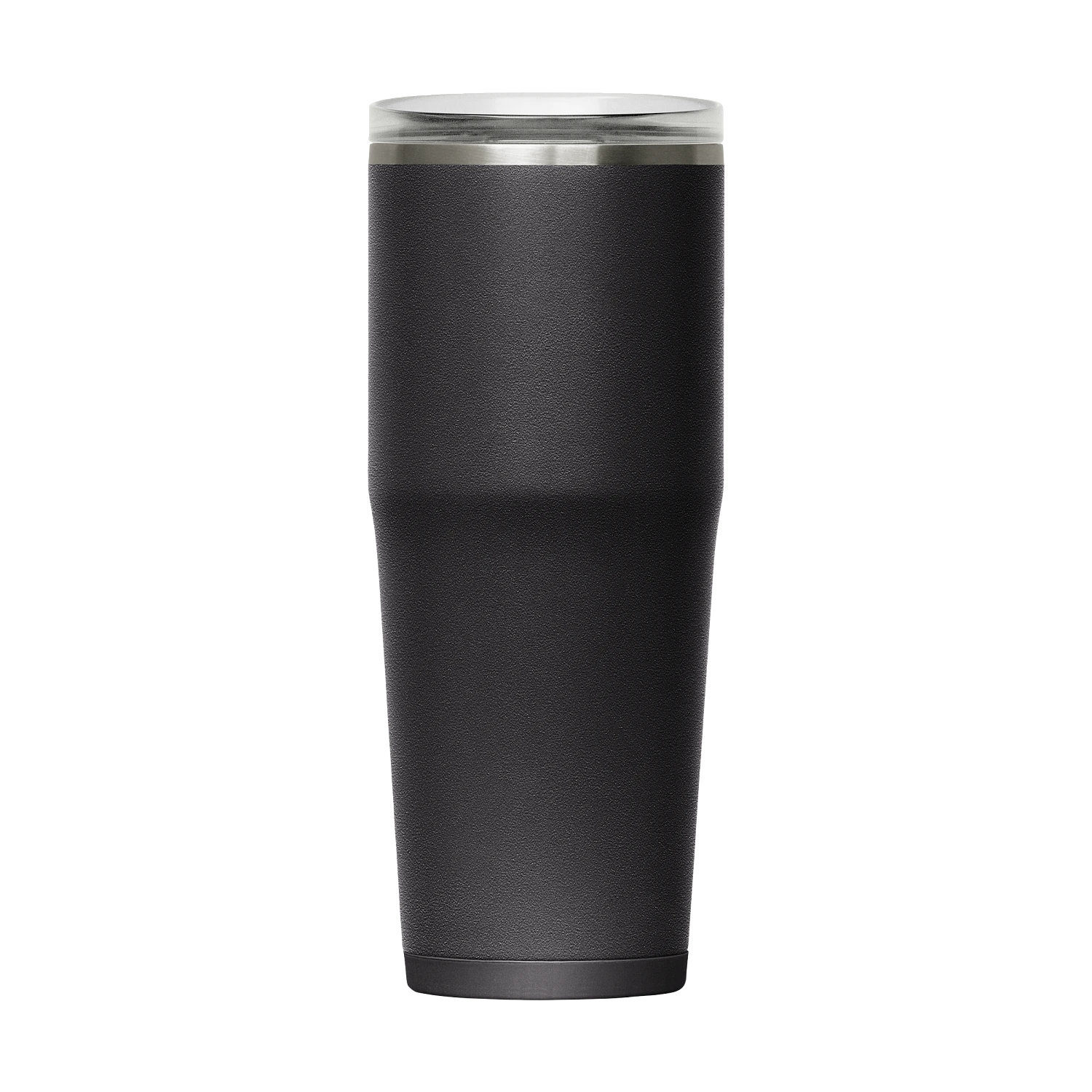 Black insulated tumbler with clear lid on a white background