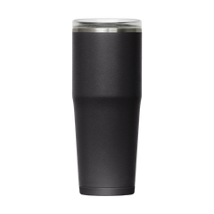 Black insulated tumbler with clear lid on a white background