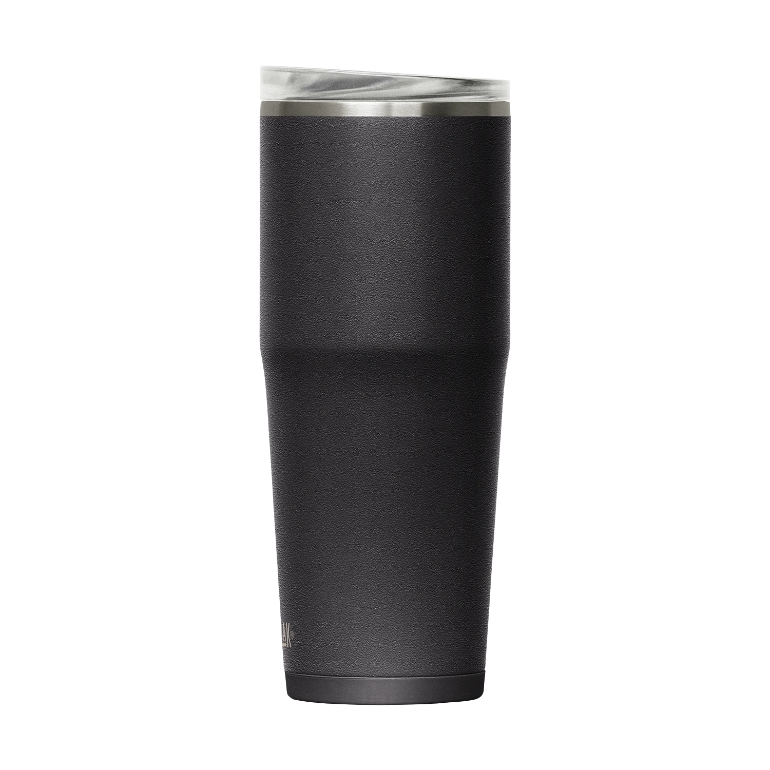 Black insulated tumbler with silver lid on a white background