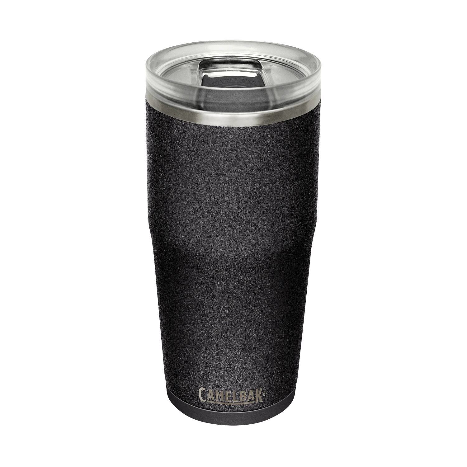 Black insulated tumbler with silver lid on a white background