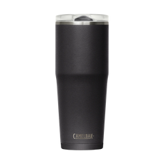 Black insulated tumbler with silver lid on a white background