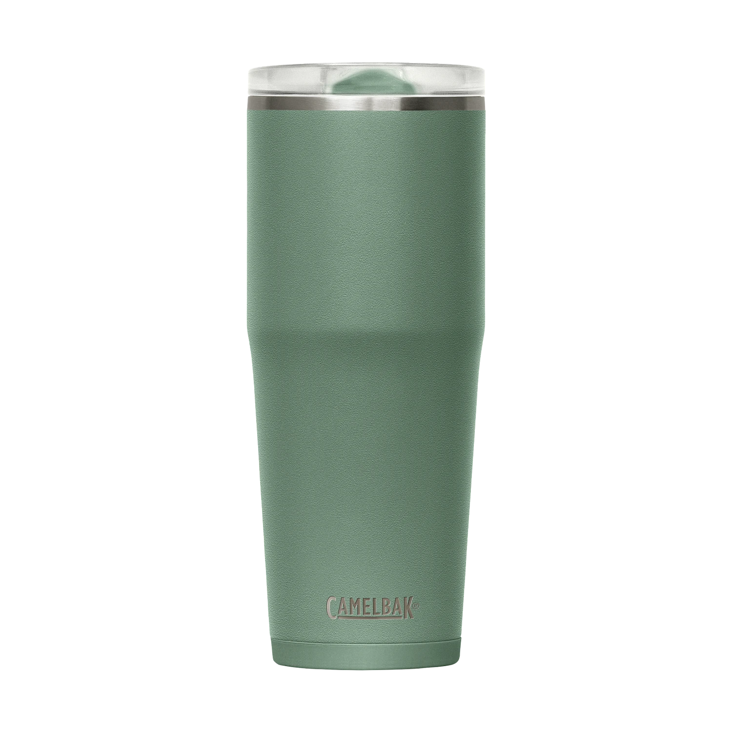 Green insulated tumbler with silver lid on a white background