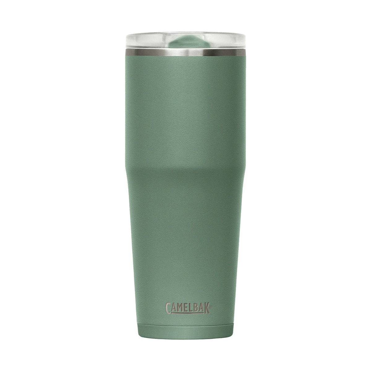 Green insulated tumbler with silver lid on a white background