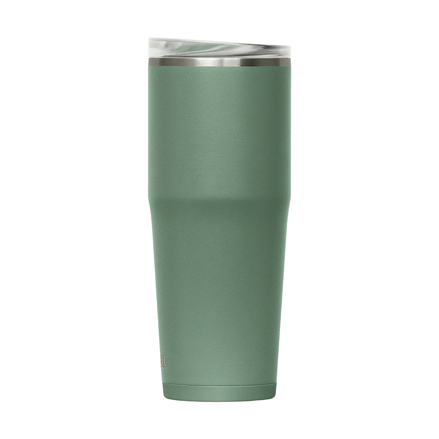 Green insulated tumbler with a silver lid on a white background