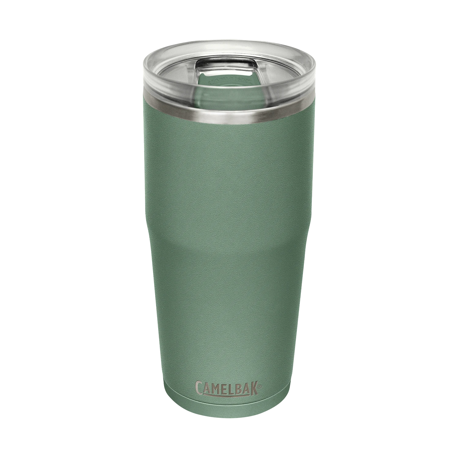 Green insulated tumbler with silver lid on a white background