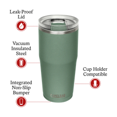 Green insulated tumbler with features highlighted on a white background