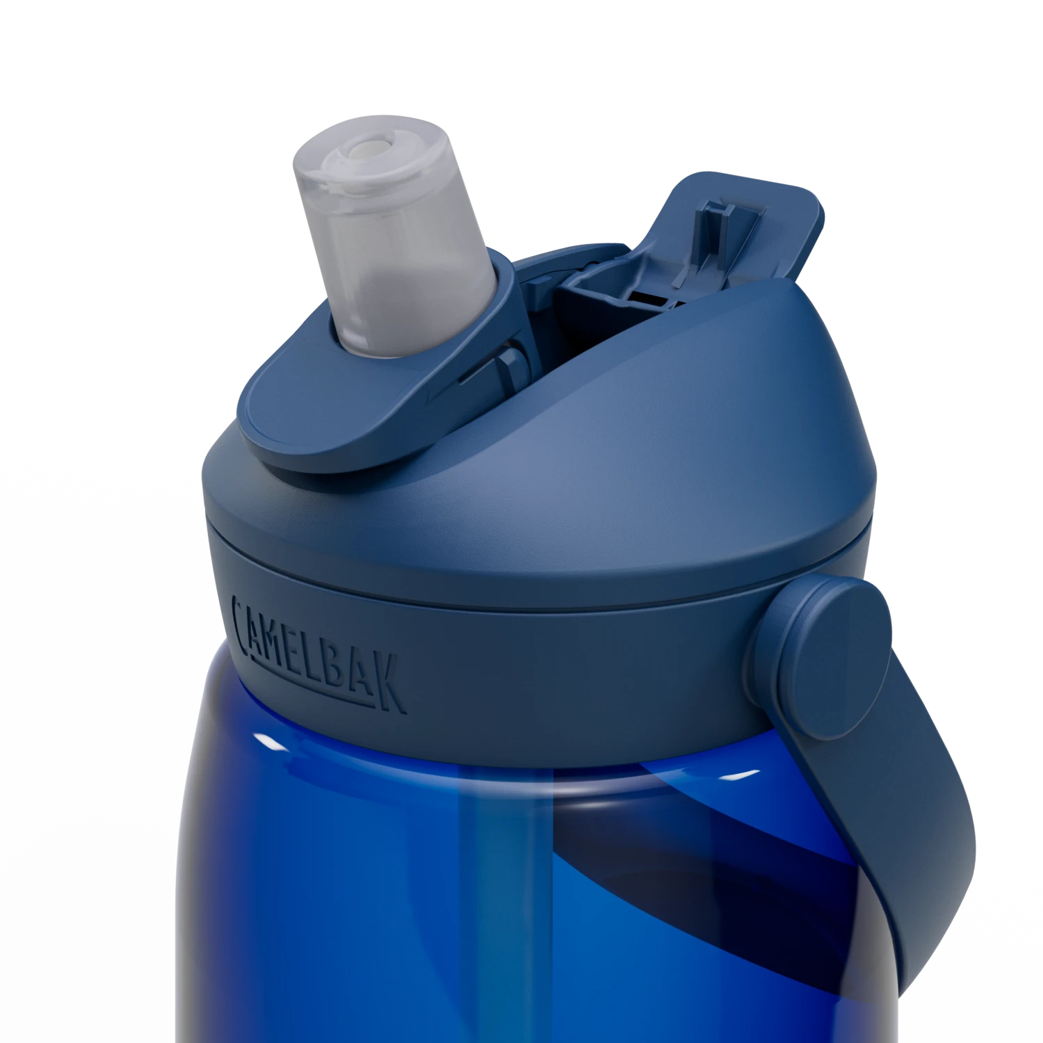 Blue water bottle with a straw lid on a white background