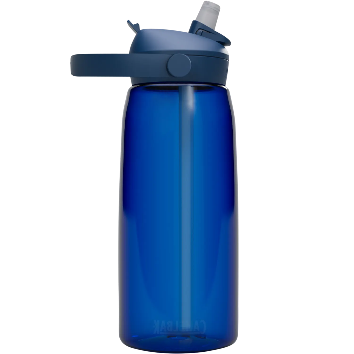 Blue water bottle with a white cap on a white background