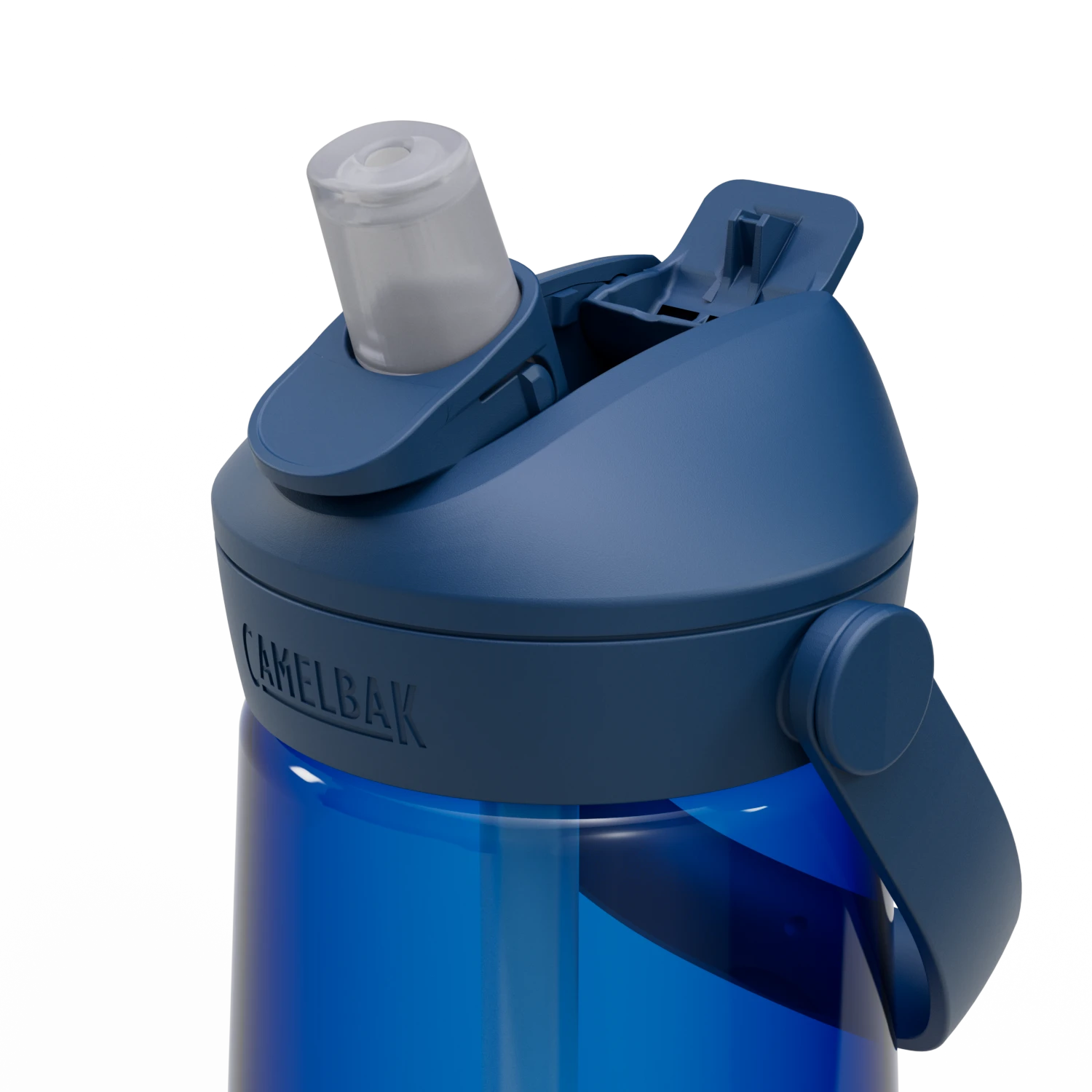 Blue CamelBak water bottle with a white background