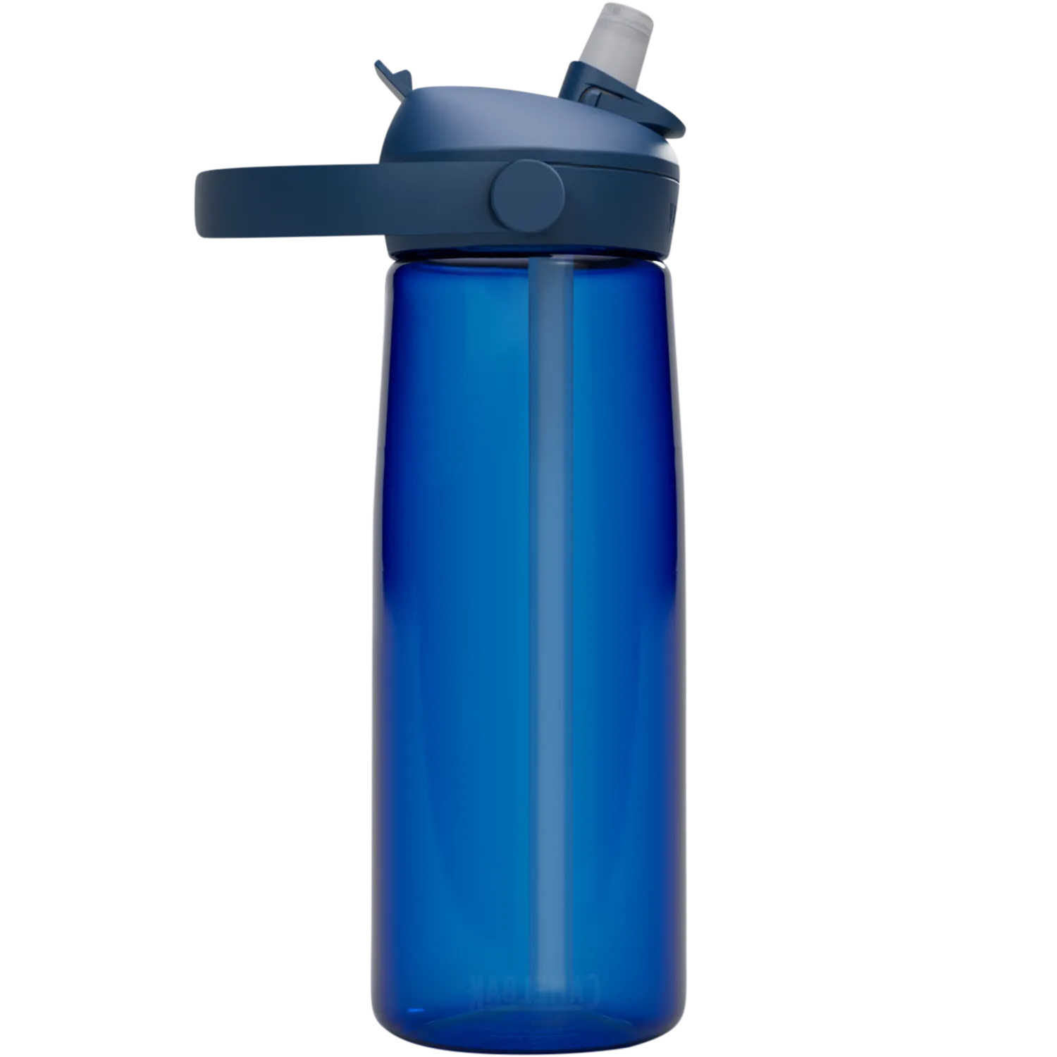 Blue water bottle with a white cap on a white background