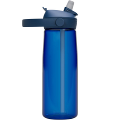 Blue water bottle with a white cap on a white background