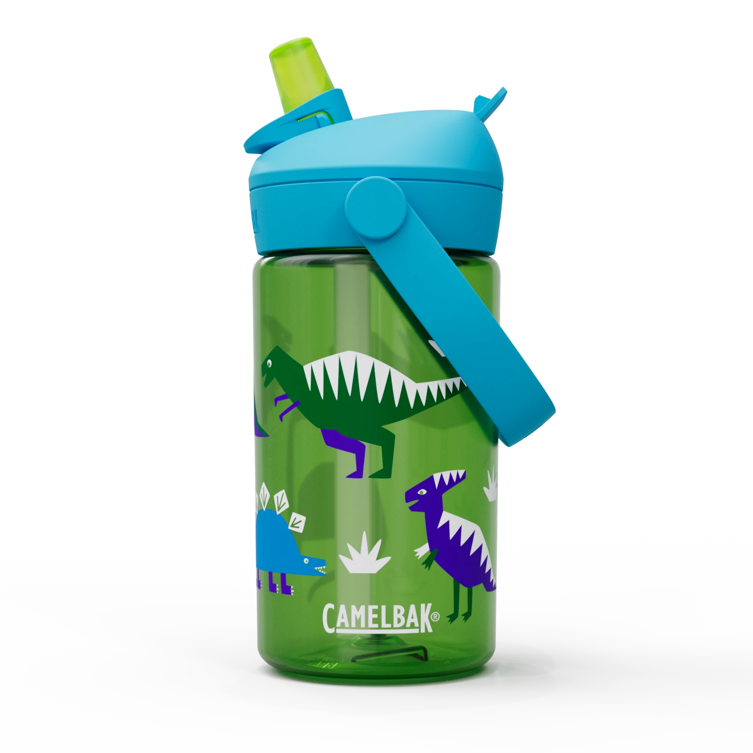Green water bottle with dinosaur design and blue handle on a white background