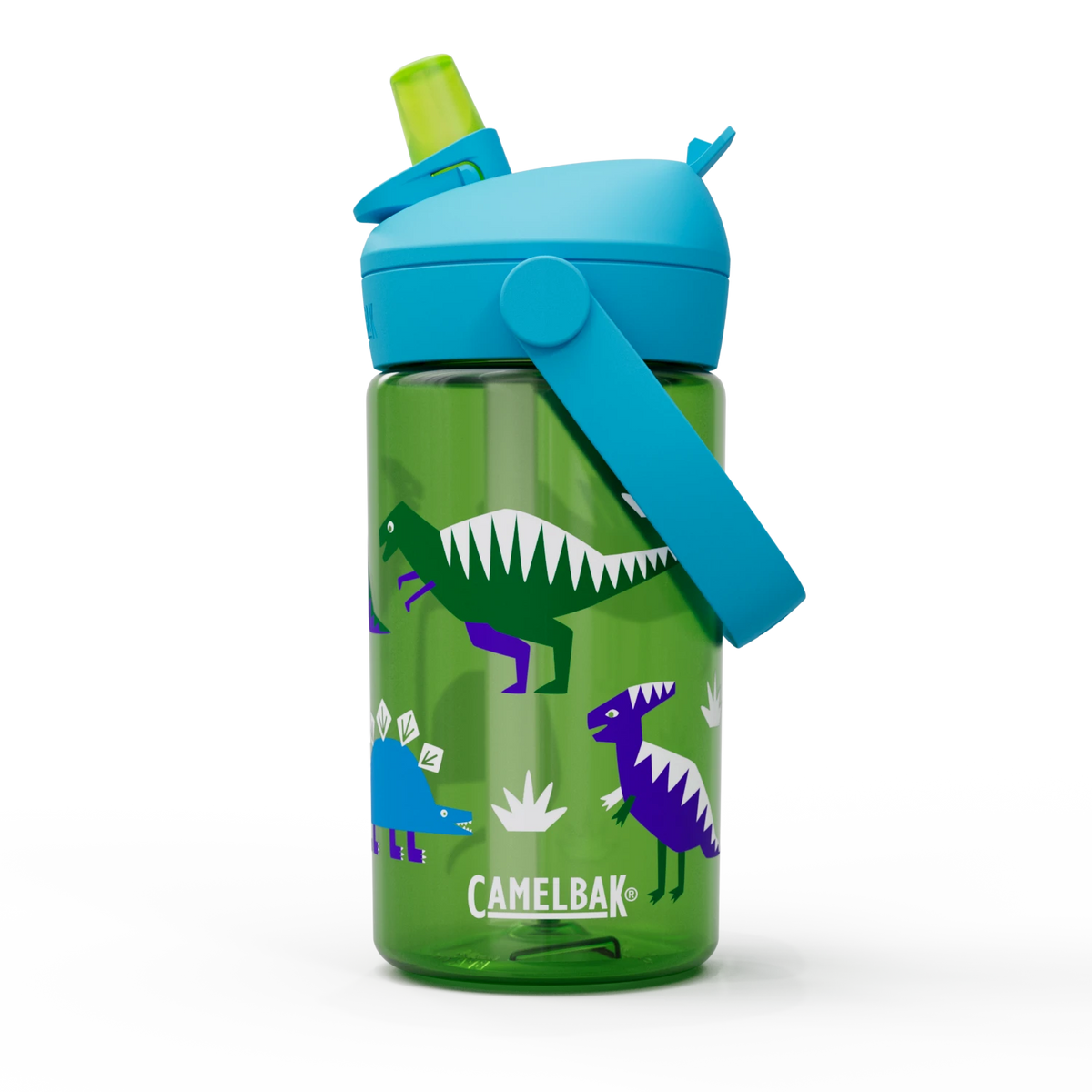 Green water bottle with dinosaur design and blue handle on a white background