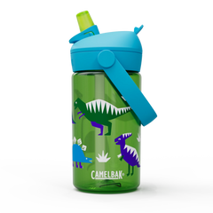 Green water bottle with dinosaur design and blue handle on a white background