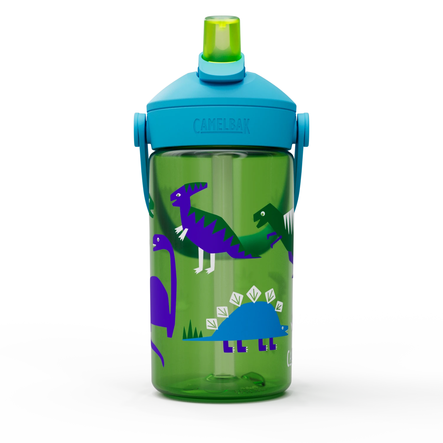 Green water bottle with dinosaur design and blue lid on a white background