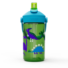 Green water bottle with dinosaur design and blue lid on a white background