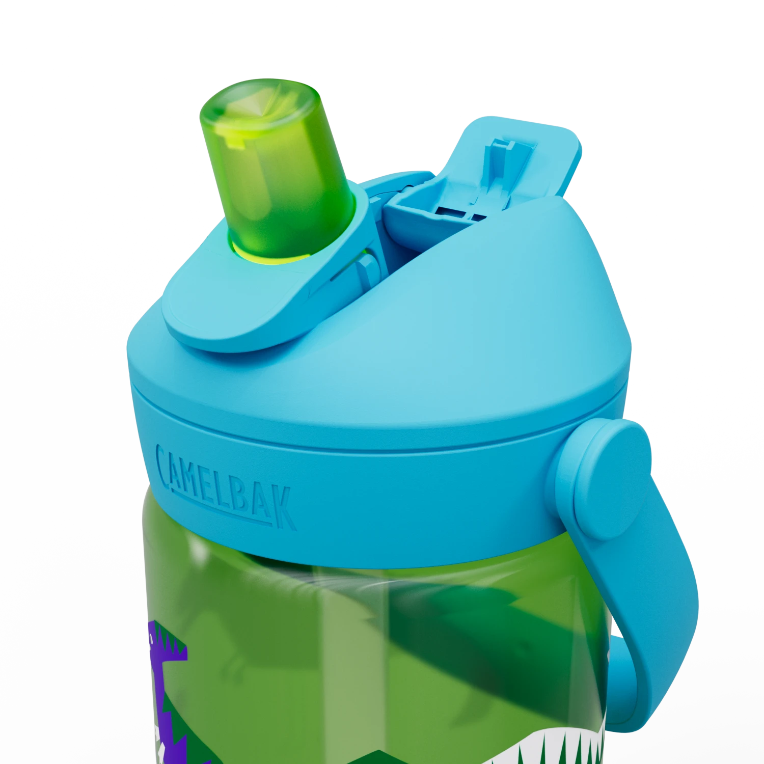 Green and blue CamelBak water bottle with a handle on a white background