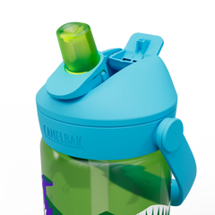 Green and blue CamelBak water bottle with a handle on a white background