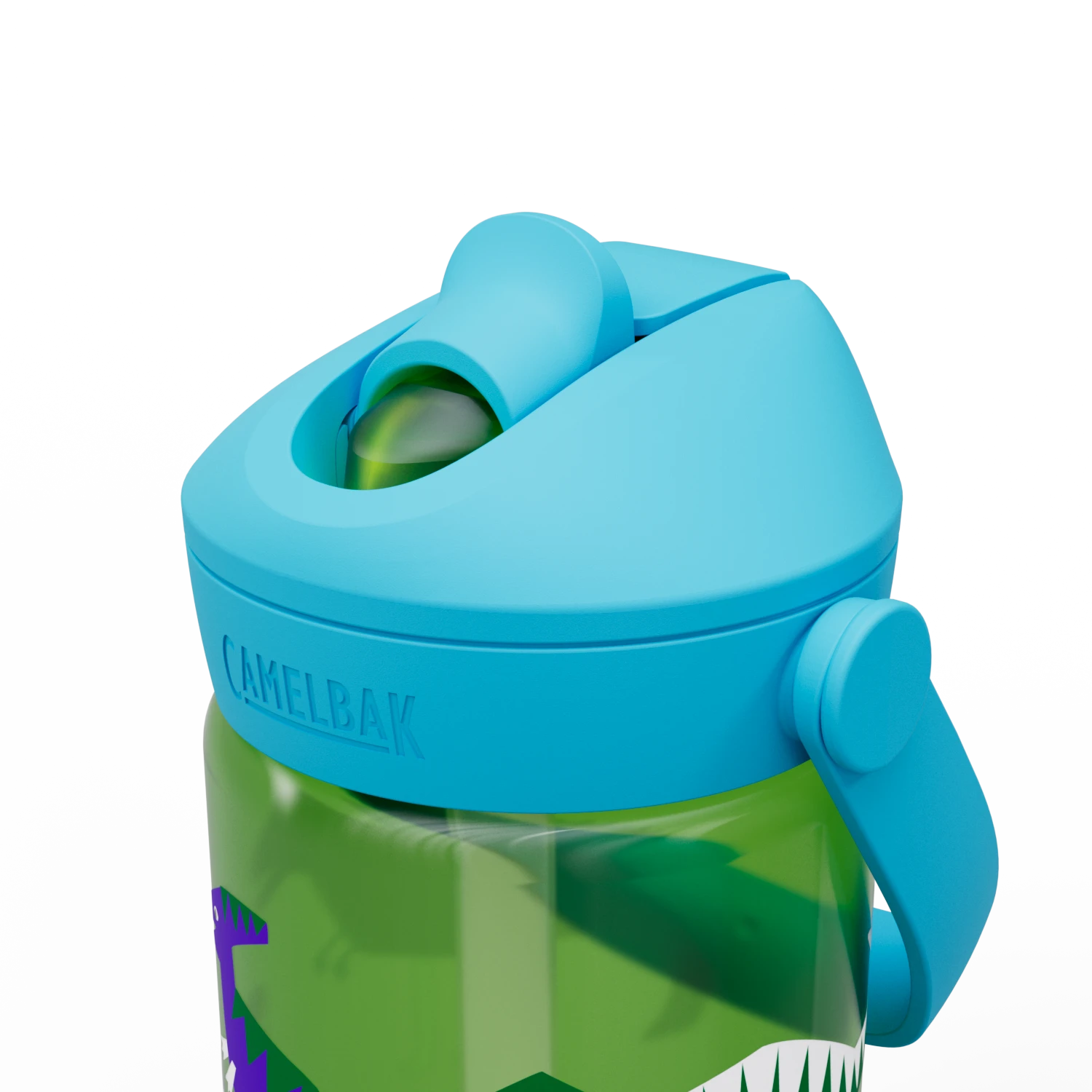 Green water bottle with blue lid and handle on a white background