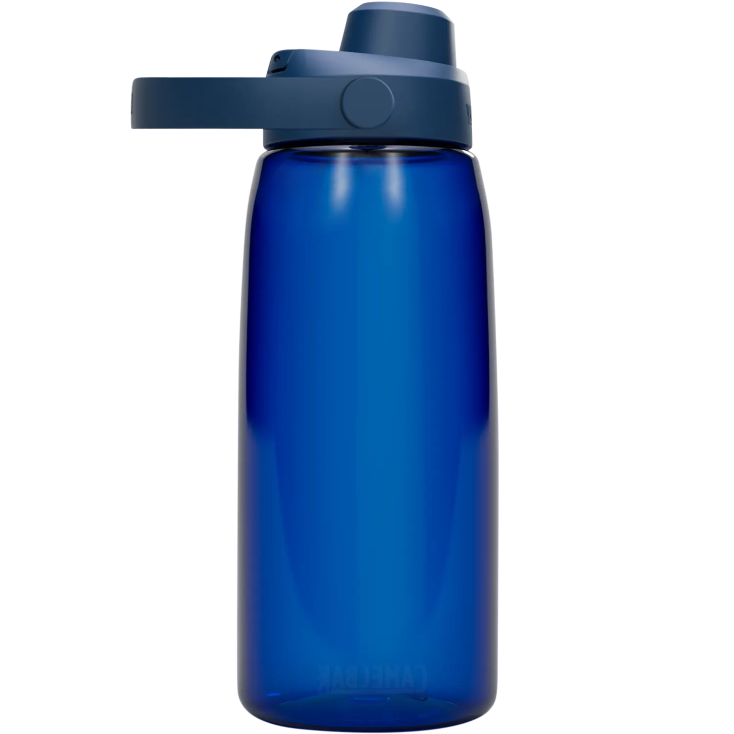 Blue water bottle with a dark blue cap on a white background