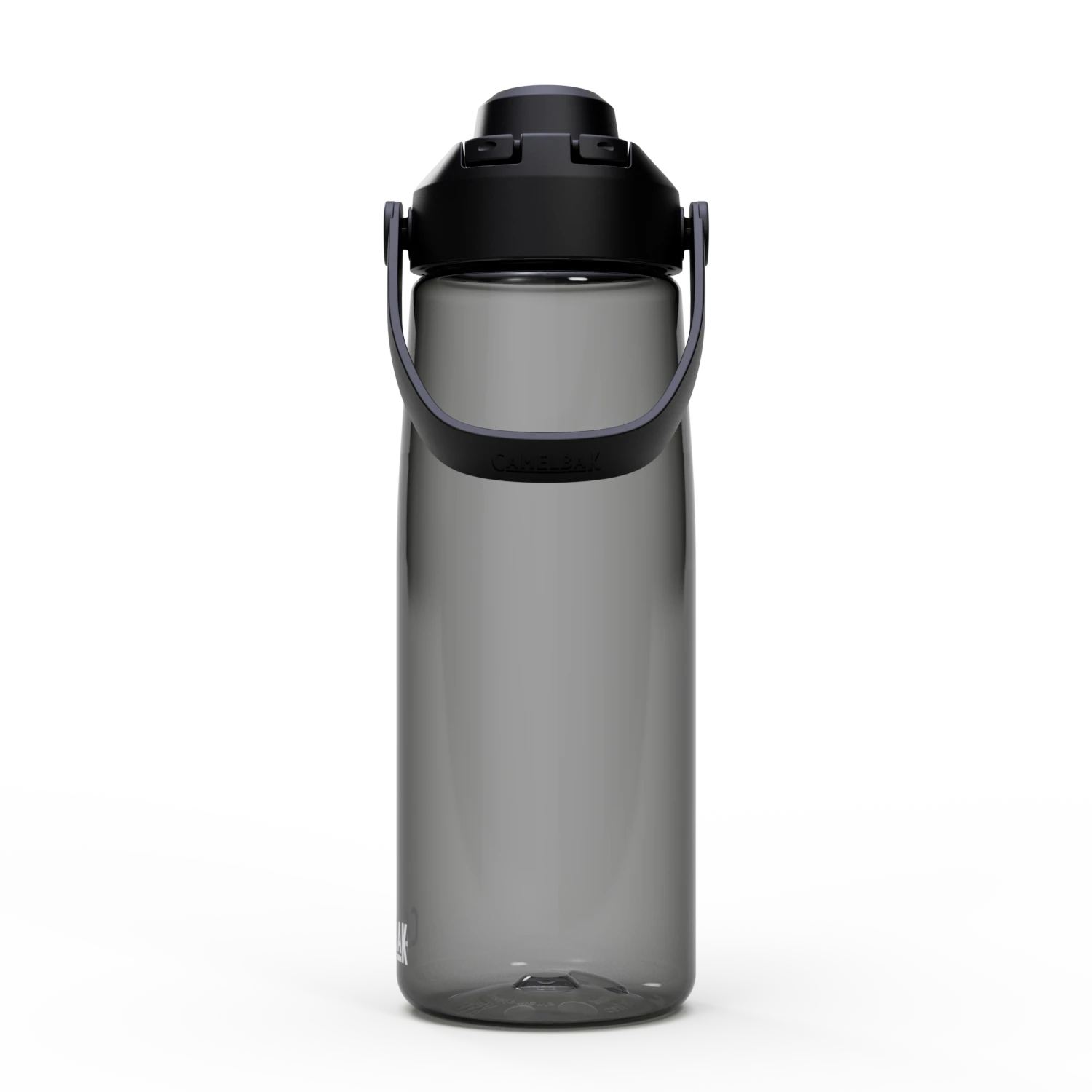 Gray water bottle with black cap on a white background