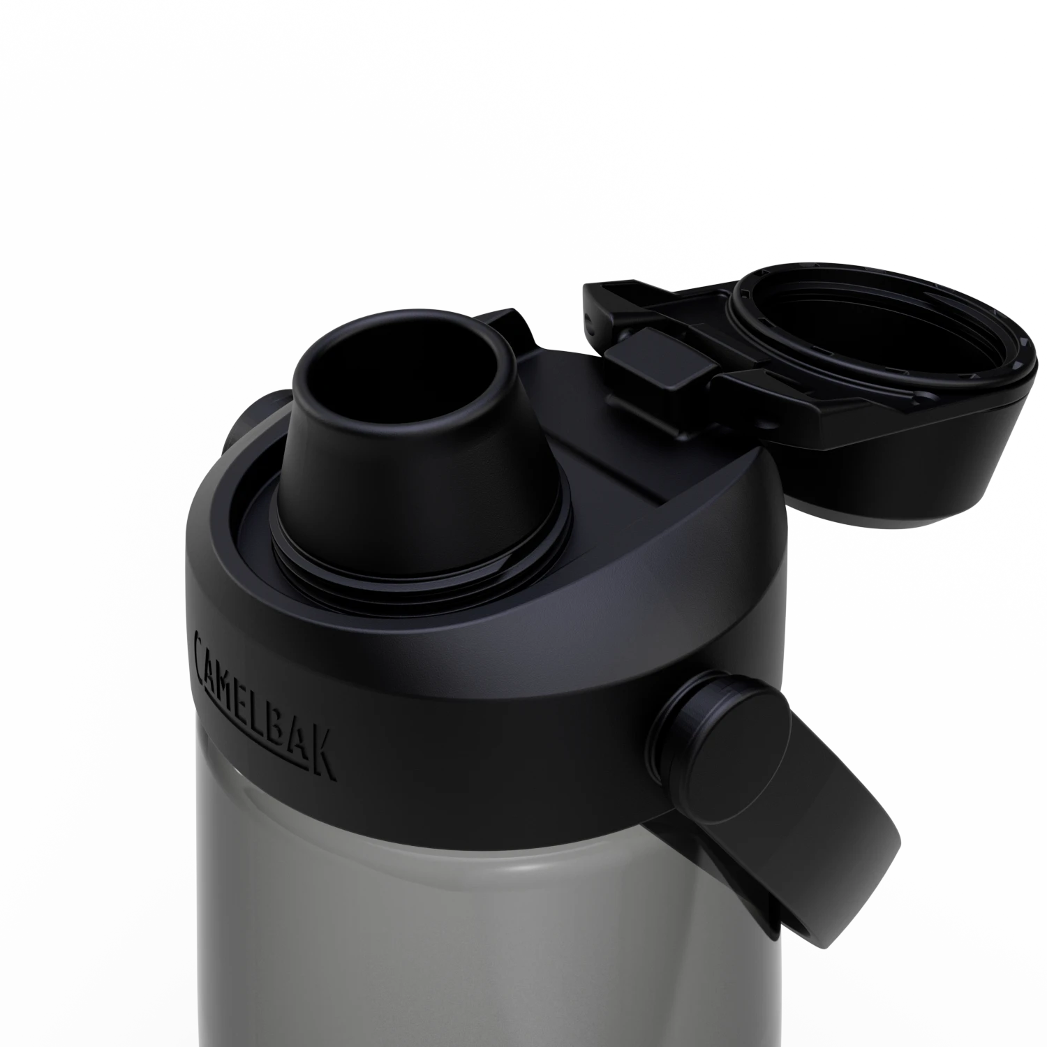 Black and gray insulated bottle with a lid on a white background