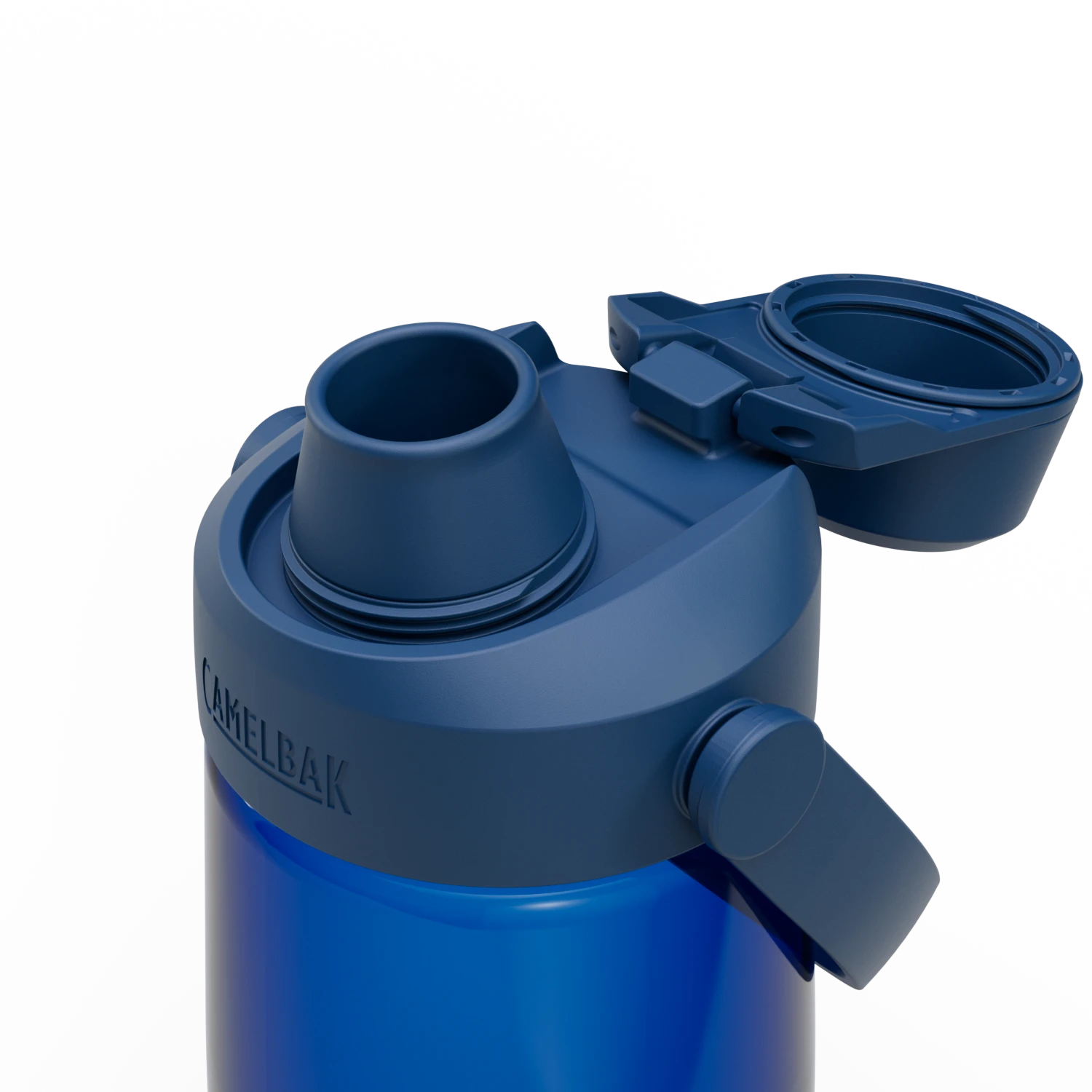 Blue CamelBak water bottle with two drinking ports on a white background