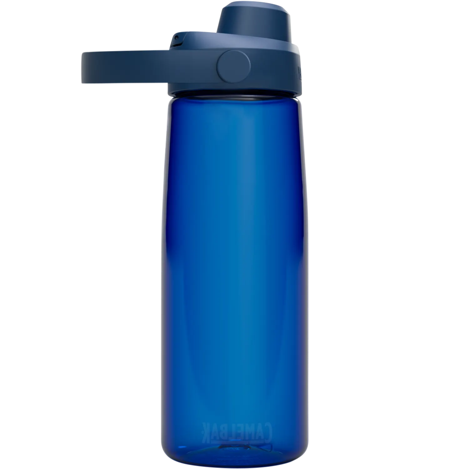 Blue water bottle with a dark blue cap on a white background