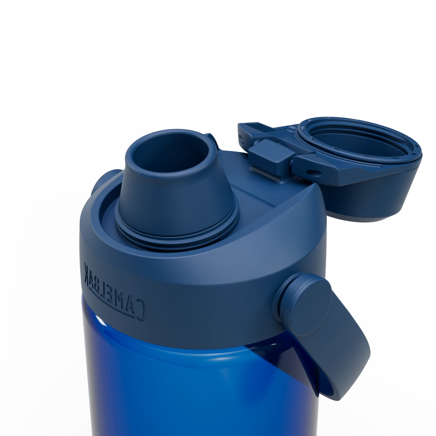 Blue water bottle with multiple components on a white background