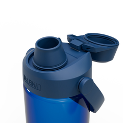 Blue water bottle with multiple components on a white background