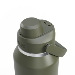 Green insulated bottle with a silver cap on a white background