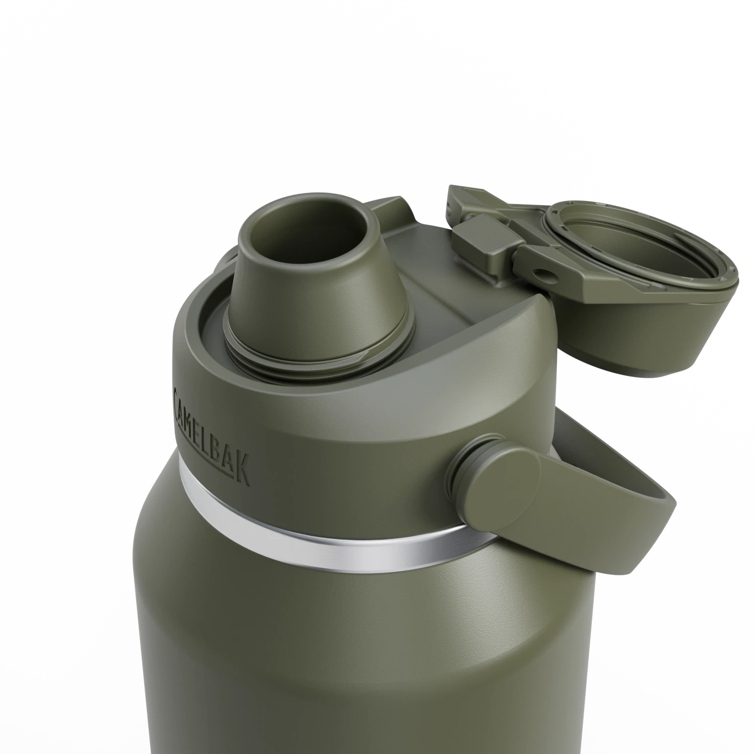Green thermos bottle with a drinking spout on a white background