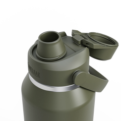 Green thermos bottle with a drinking spout on a white background