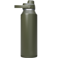 Green water bottle with a white background