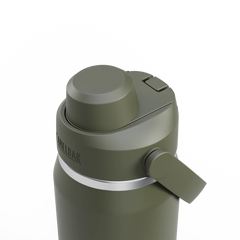 Green insulated bottle with a silver cap on a white background