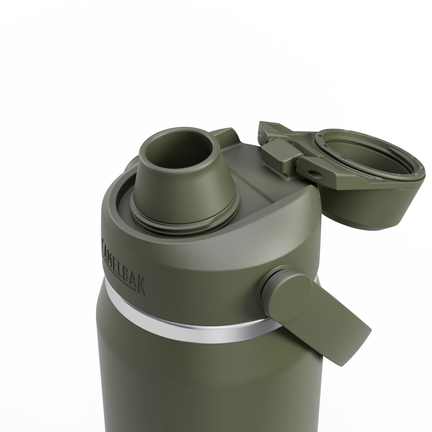 Green thermos with a silver cap on a white background