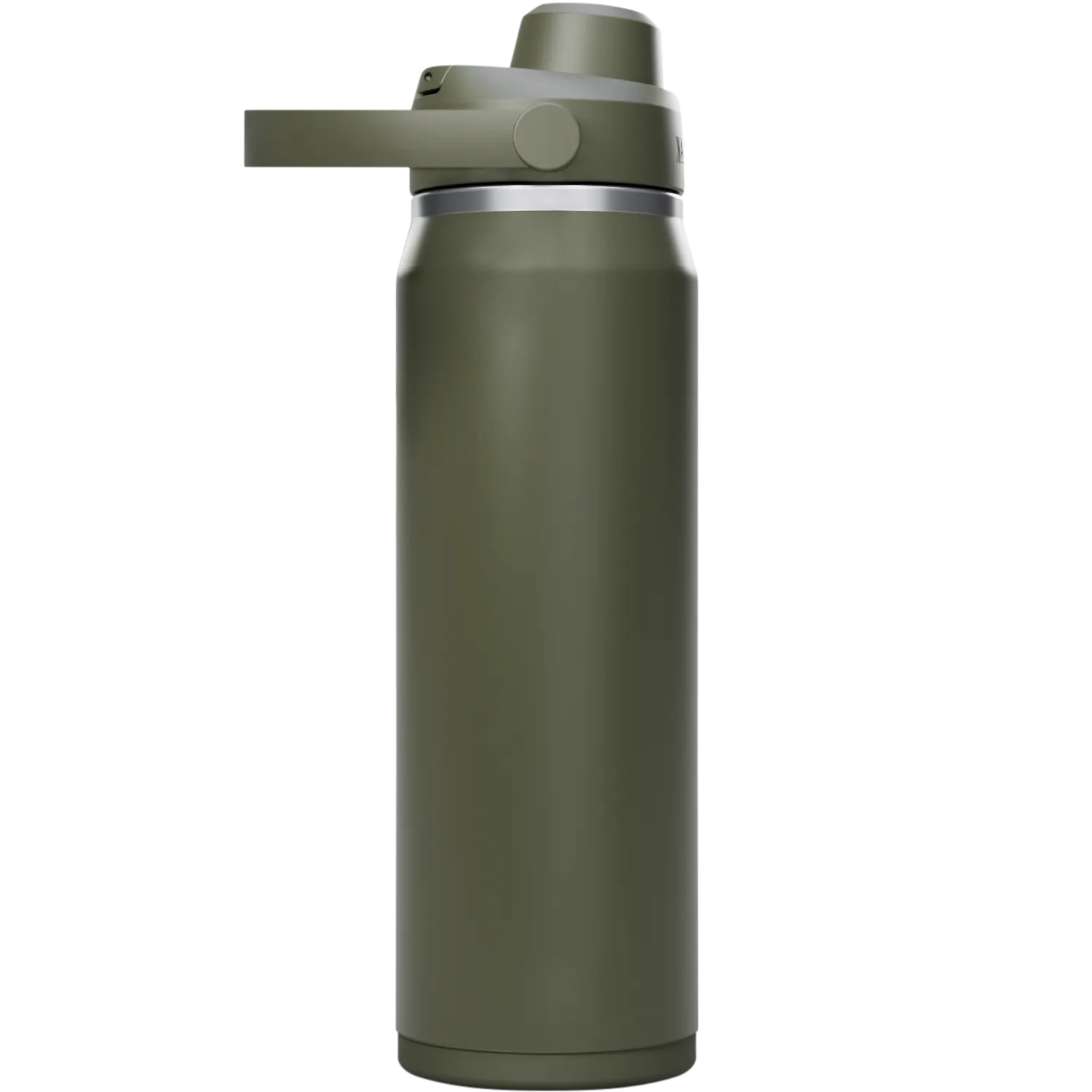 Green insulated water bottle with a silver cap on a white background