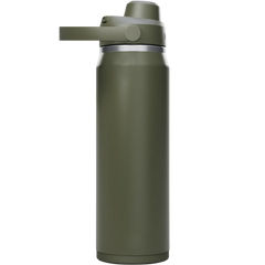 Green insulated water bottle with a silver cap on a white background