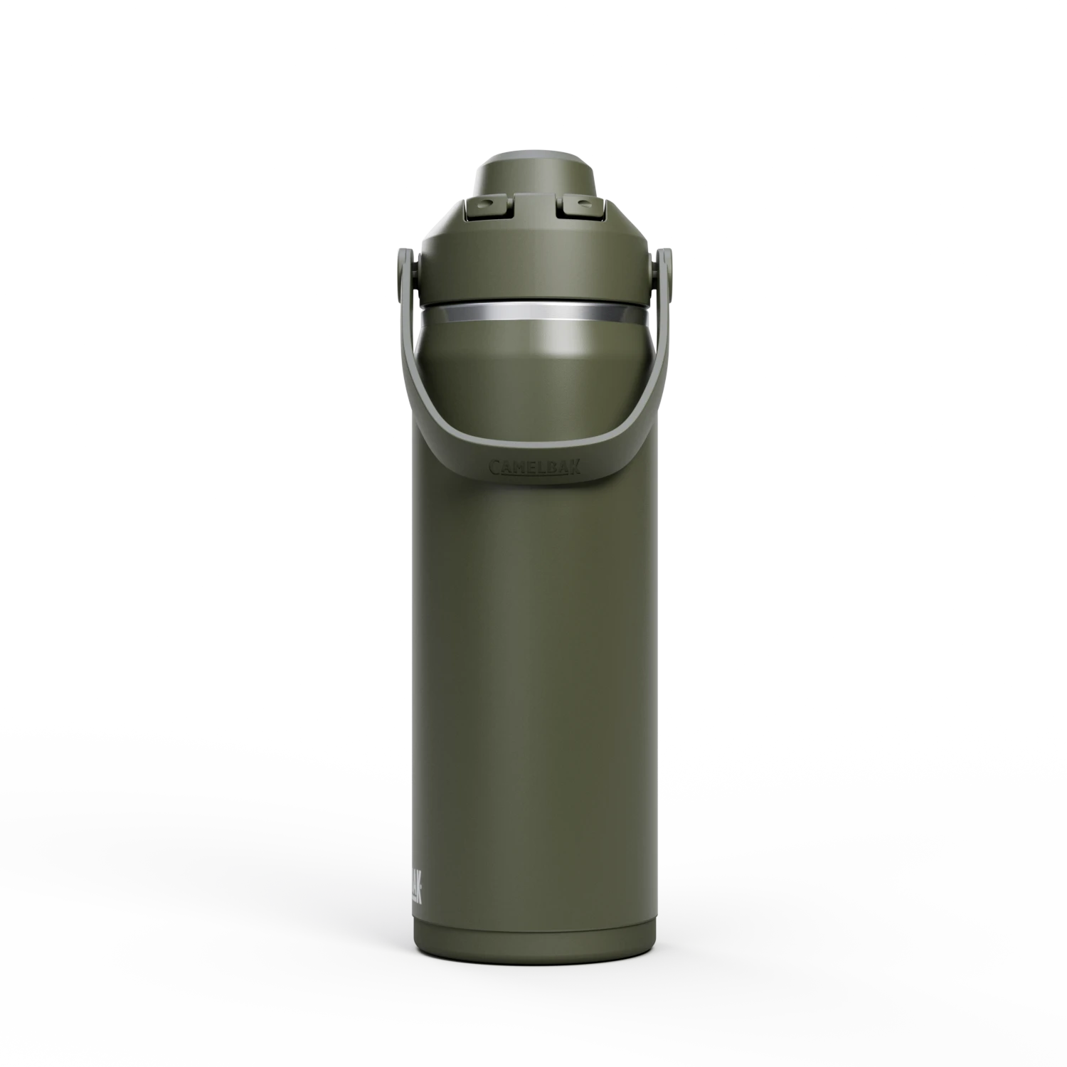 Green water bottle with a handle on a white background