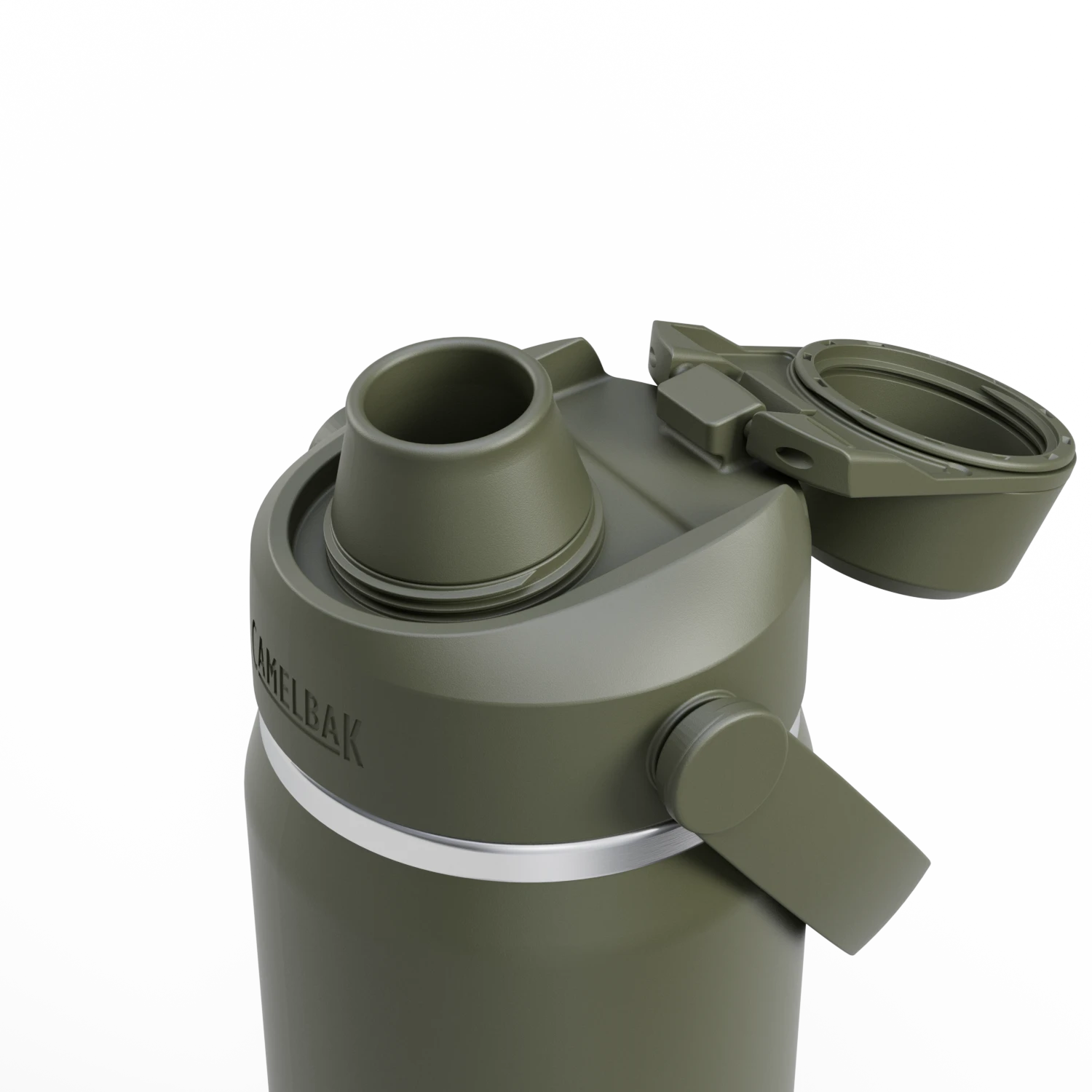 Green thermos with a white band on a white background