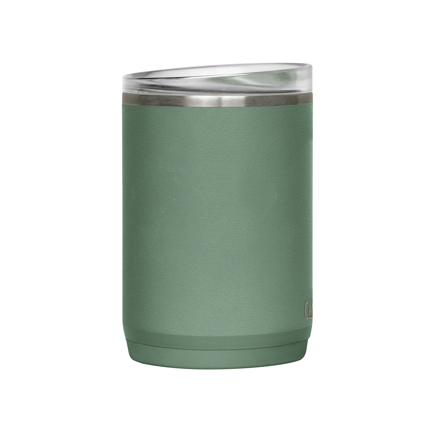 Green tumbler with a silver rim on a white background