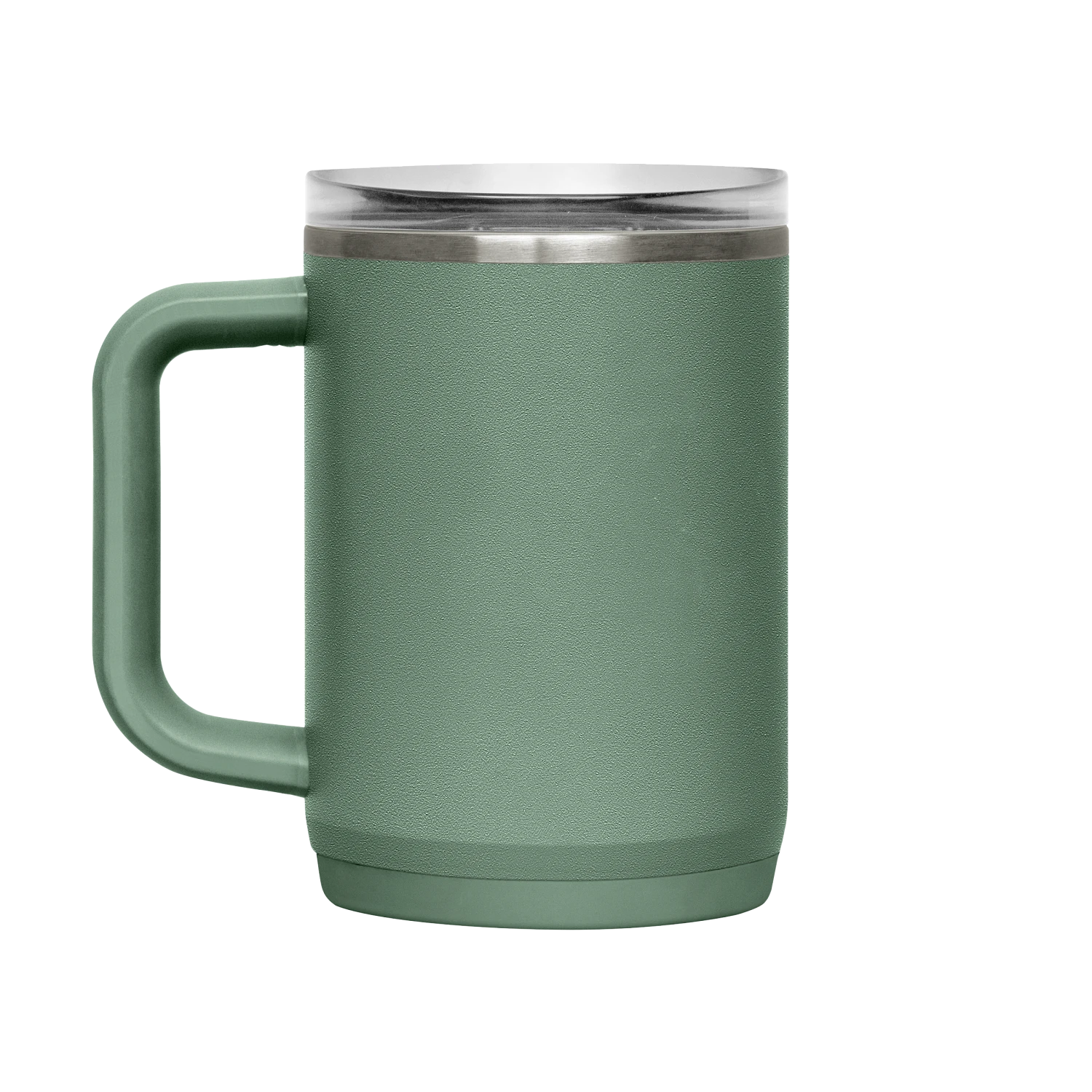 Green insulated mug with a silver rim on a white background