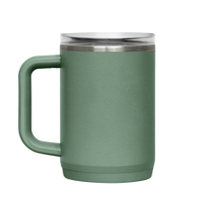 Green insulated mug with a silver rim on a white background