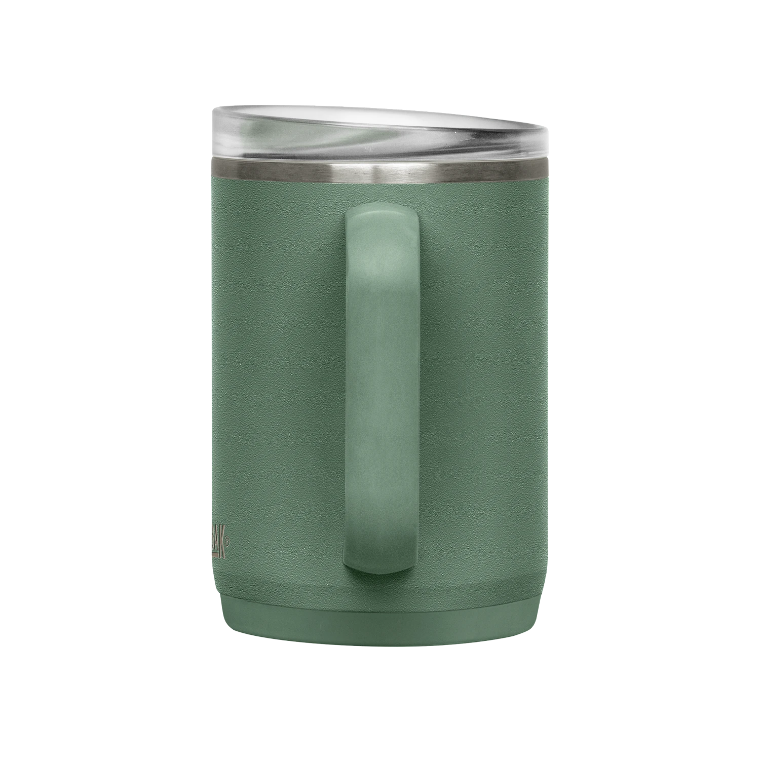 Green insulated mug with a silver rim on a white background